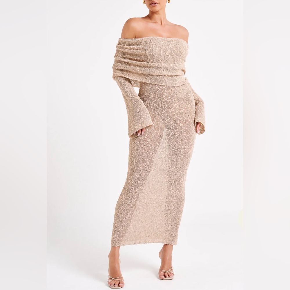 Marisol Off Shoulder Boucle Maxi Dress in Wheat